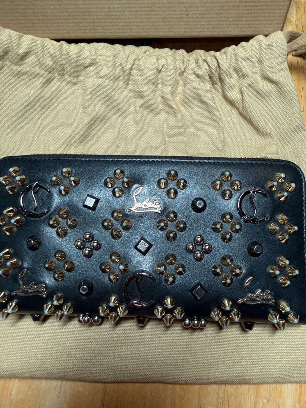 Christian Louboutin Black Leather Studded Zip-Around Wallet - Picture 2 of 10